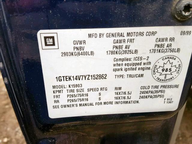 1GTEK14V7YZ152862 - 2000 GMC NEW SIERRA BLUE photo 10