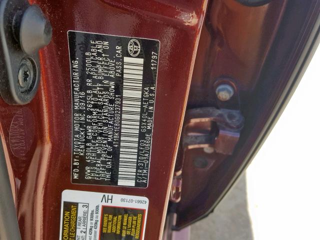 4T1BK1EB0GU237931 - 2016 TOYOTA AVALON XLE MAROON photo 10