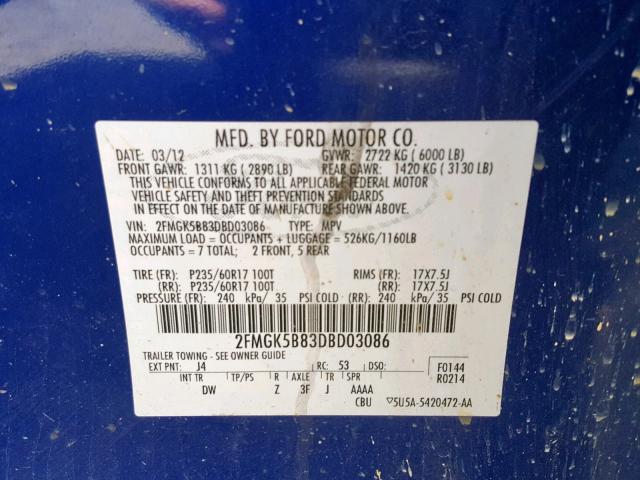 2FMGK5B83DBD03086 - 2013 FORD FLEX SE BLUE photo 10