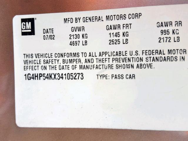 1G4HP54KX34105273 - 2003 BUICK LESABRE CU BEIGE photo 10