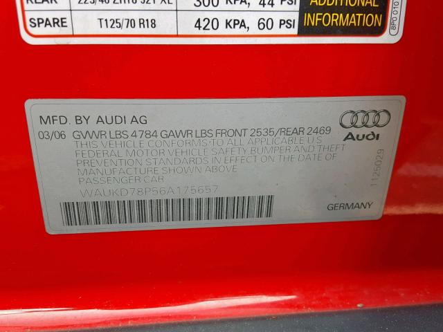 WAUKD78P56A175657 - 2006 AUDI A3 S-LINE RED photo 10