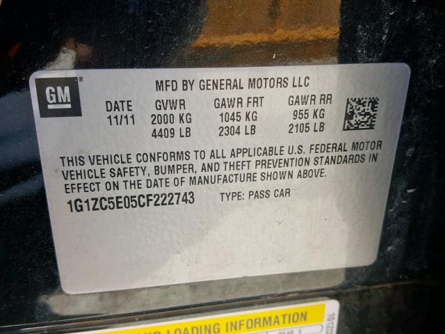 1G1ZC5E05CF222743 - 2012 CHEVROLET MALIBU 1LT 黑色 照片 10