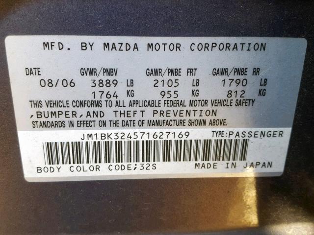 JM1BK324571627169 - 2007 MAZDA 3 S GRAY photo 10