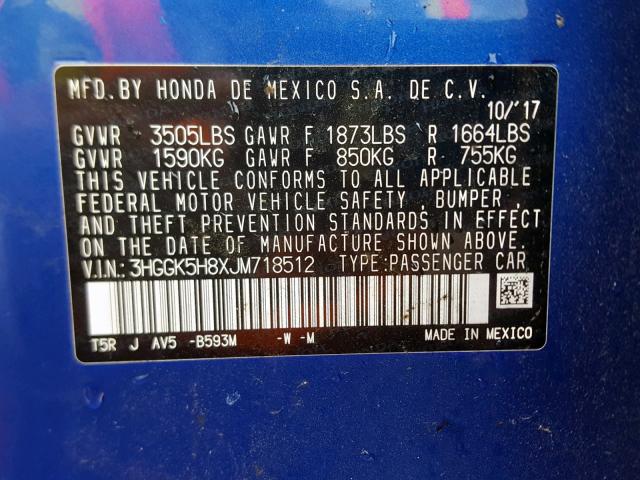 3HGGK5H8XJM718512 - 2018 HONDA FIT EX BLUE photo 10