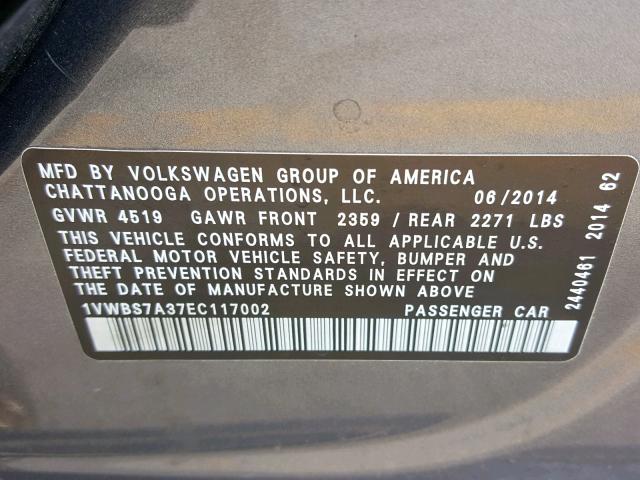 1VWBS7A37EC117002 - 2014 VOLKSWAGEN PASSAT SE GRAY photo 10