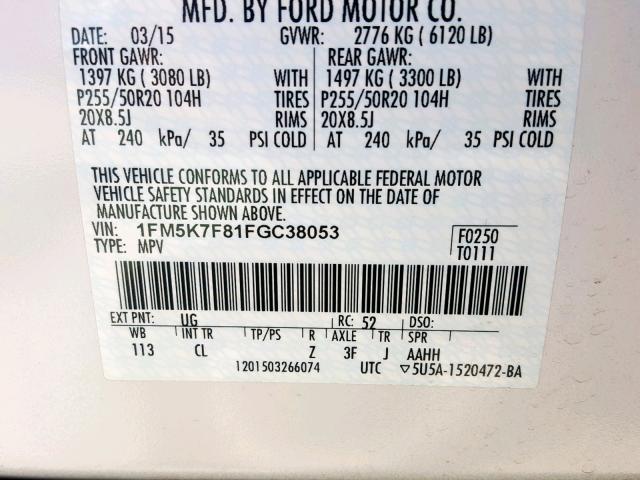 1FM5K7F81FGC38053 - 2015 FORD EXPLORER L WHITE photo 10