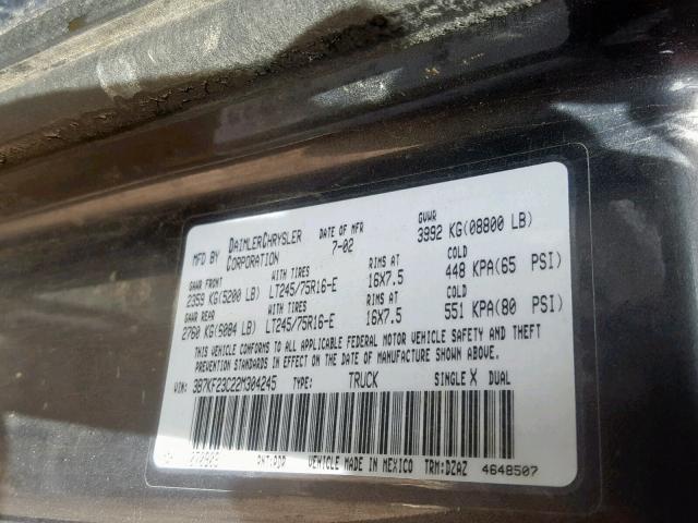 3B7KF23C22M304245 - 2002 DODGE RAM 2500 GRAY photo 10