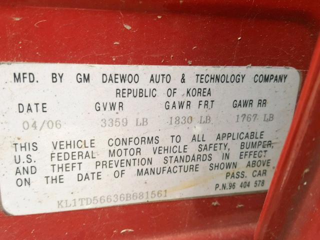 KL1TD56636B681561 - 2006 CHEVROLET AVEO BASE Қызыл фото 10