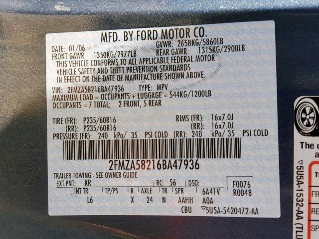 2FMZA58216BA47936 - 2006 FORD FREESTAR L BLUE photo 10