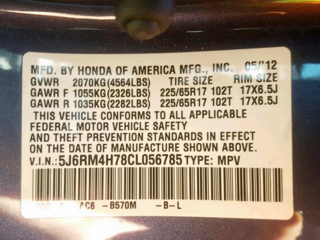 5J6RM4H78CL056785 - 2012 HONDA CR-V EXL BLUE photo 10