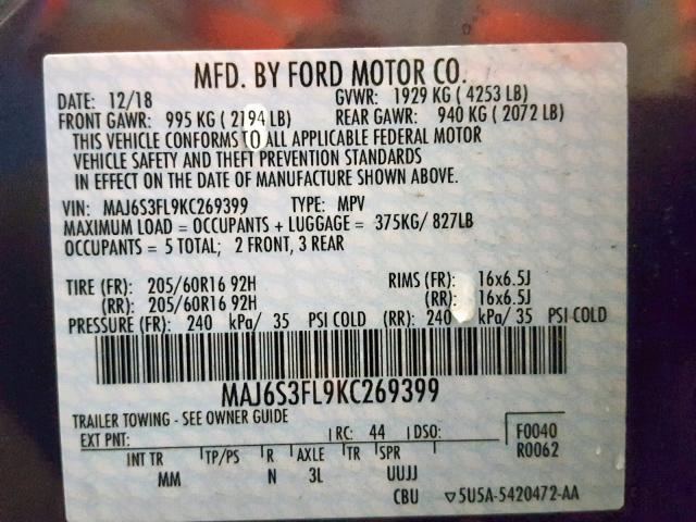 MAJ6S3FL9KC269399 - 2019 FORD ECOSPORT S GRAY photo 10