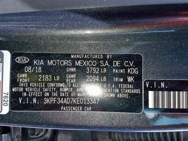 3KPF34AD7KE013347 - 2019 KIA FORTE GT L CHARCOAL photo 10