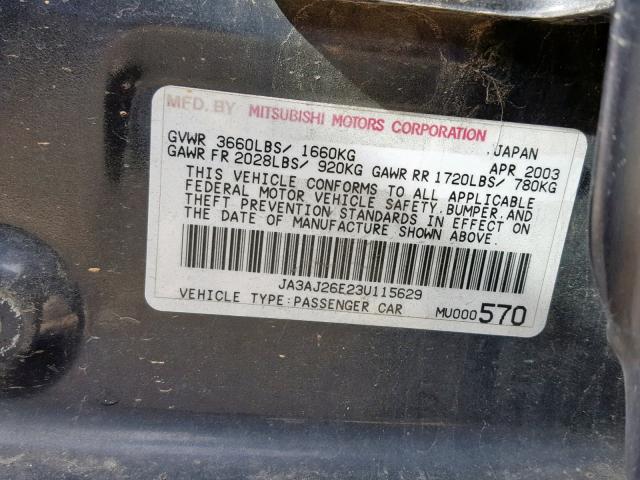 JA3AJ26E23U115629 - 2003 MITSUBISHI LANCER ES GRAY photo 10