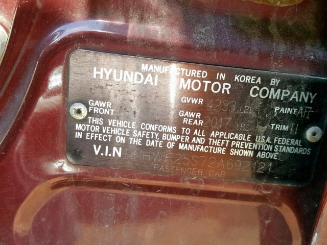 KMHWF25S72A692121 - 2002 HYUNDAI SONATA GL RED photo 10