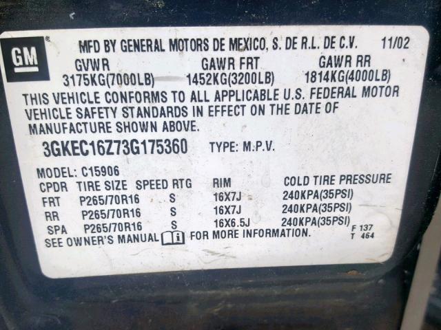 3GKEC16Z73G175360 - 2003 GMC YUKON XL C BLACK photo 10