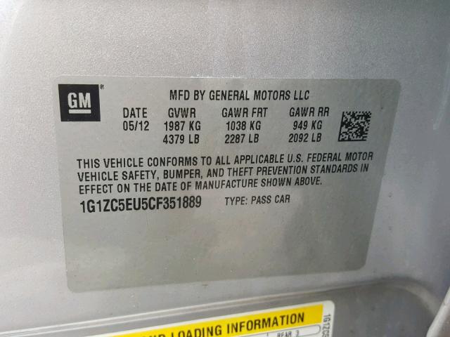 1G1ZC5EU5CF351889 - 2012 CHEVROLET MALIBU 1LT 银色 照片 10