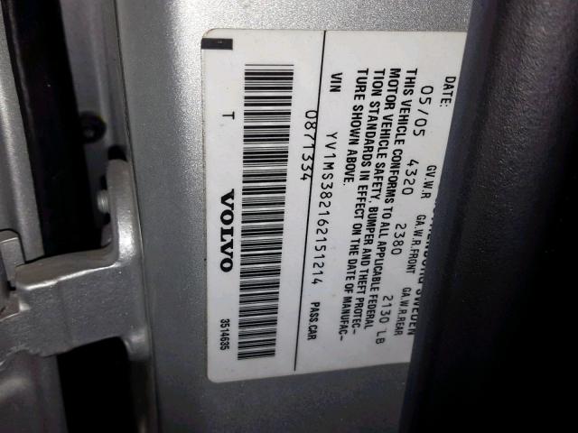 YV1MS382162151214 - 2006 VOLVO S40 2.4I SILVER photo 10