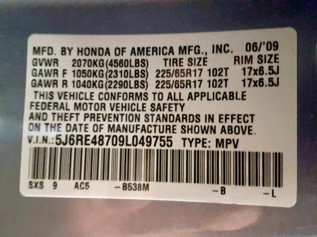 5J6RE48709L049755 - 2009 HONDA CR-V EXL BLUE photo 10