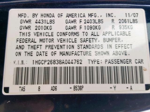 1HGCP26838A044762 - 2008 HONDA ACCORD EXL BLUE photo 10