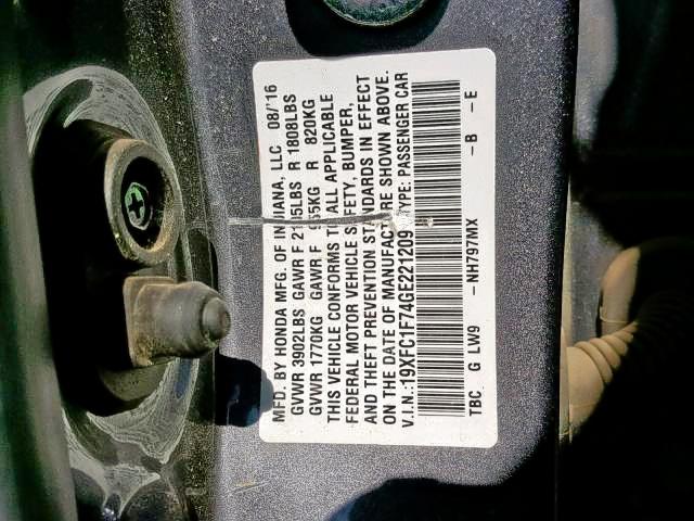 19XFC1F74GE221209 - 2016 HONDA CIVIC EXL GRAY photo 10