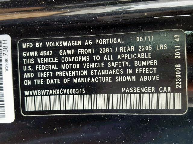 WVWBW7AHXCV005315 - 2012 VOLKSWAGEN EOS KOMFOR BLACK photo 10