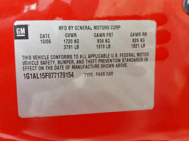 1G1AL15F877179154 - 2007 CHEVROLET COBALT LT RED photo 10