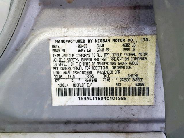 1N4AL11EX4C101388 - 2004 NISSAN ALTIMA BAS GRAY photo 10