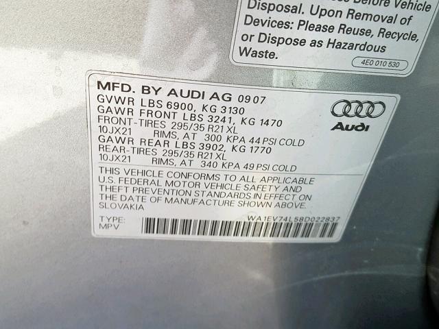 WA1EV74L58D022837 - 2008 AUDI Q7 4.2 QUA GRAY photo 10