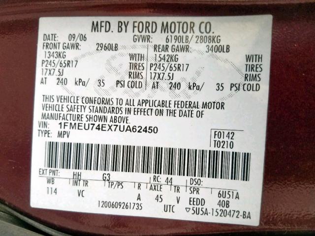 1FMEU74EX7UA62450 - 2007 FORD EXPLORER E MAROON photo 10