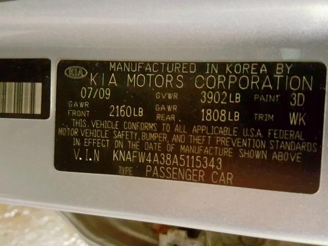 KNAFW4A38A5115343 - 2010 KIA FORTE SX SILVER photo 10