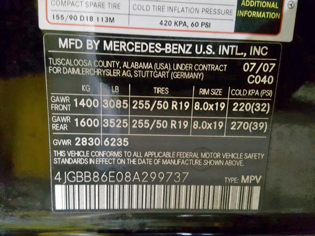 4JGBB86E08A299737 - 2008 MERCEDES-BENZ ML 350 BLACK photo 10