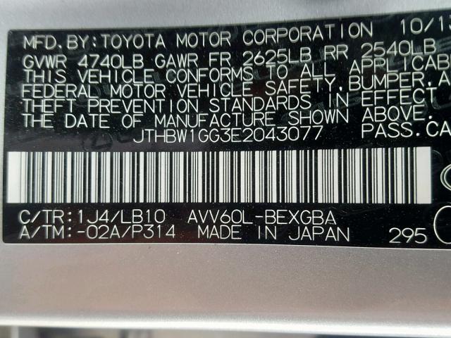 JTHBW1GG3E2043077 - 2014 LEXUS ES 300H SILVER photo 10