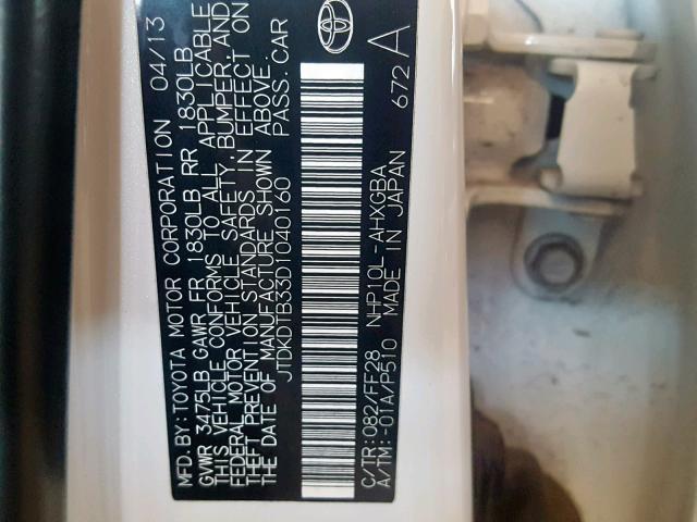 JTDKDTB33D1040160 - 2013 TOYOTA PRIUS C WHITE photo 10