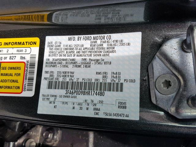 3FA6P0D98HR174480 - 2017 FORD FUSION TIT CHARCOAL photo 10