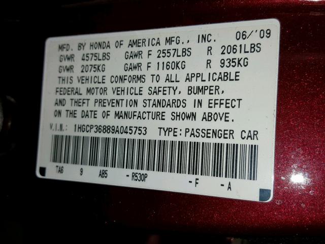 1HGCP36889A045753 - 2009 HONDA ACCORD EXL MAROON photo 10