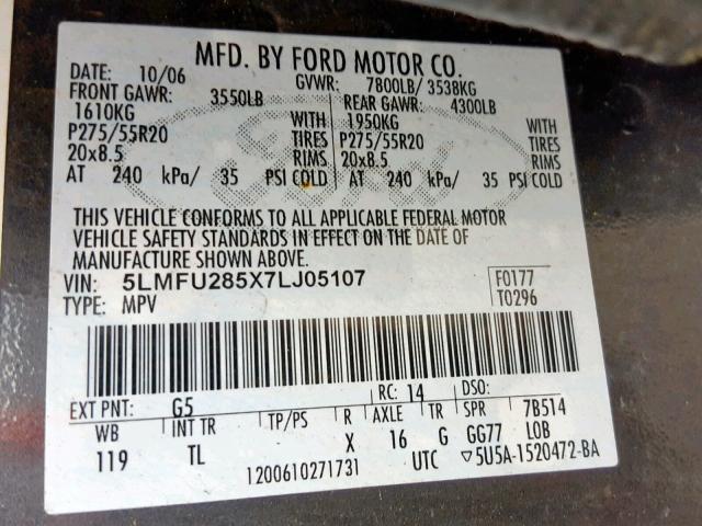 5LMFU285X7LJ05107 - 2007 LINCOLN NAVIGATOR 灰色 照片 10