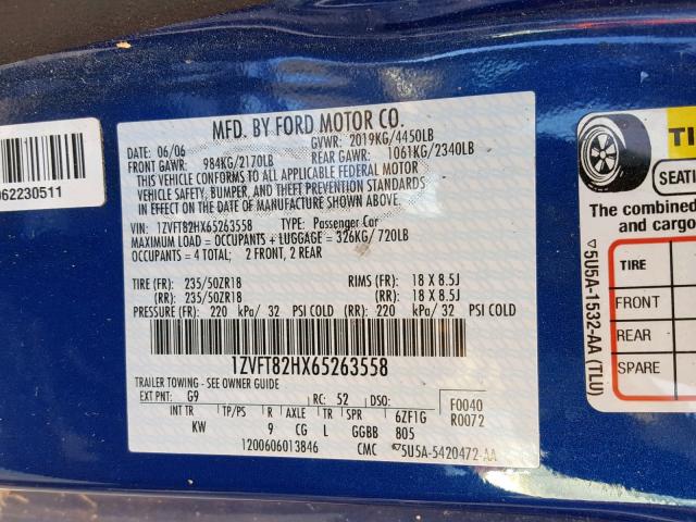 1ZVFT82HX65263558 - 2006 FORD MUSTANG GT BLUE photo 10