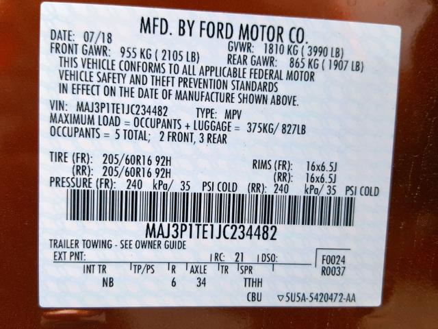 MAJ3P1TE1JC234482 - 2018 FORD ECOSPORT S BROWN photo 10