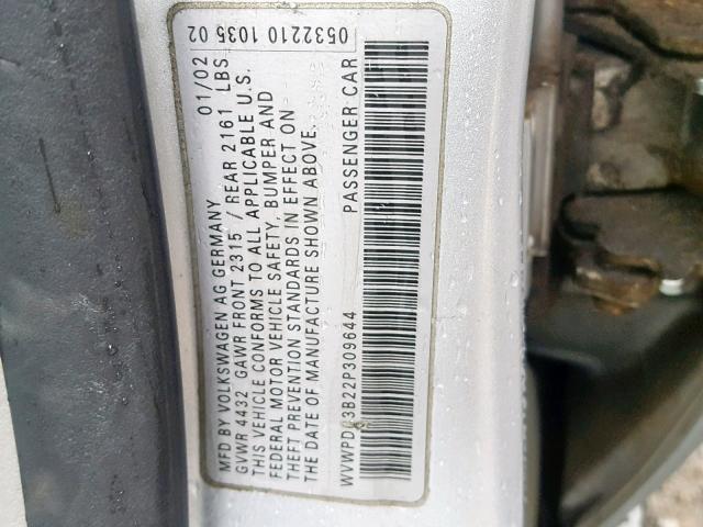 WVWPD63B22P309644 - 2002 VOLKSWAGEN PASSAT GLS SILVER photo 10