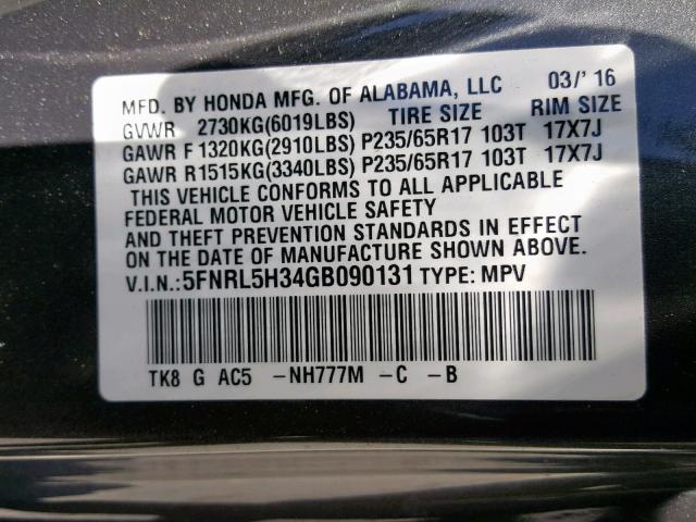 5FNRL5H34GB090131 - 2016 HONDA ODYSSEY SE SILVER photo 10