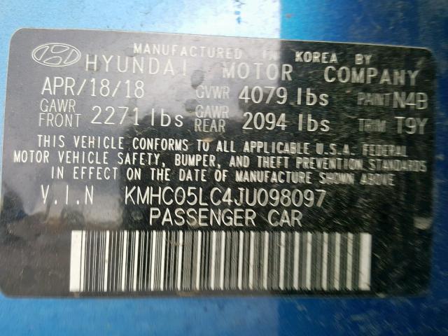 KMHC05LC4JU098097 - 2018 HYUNDAI IONIQ LIMI BLUE photo 10