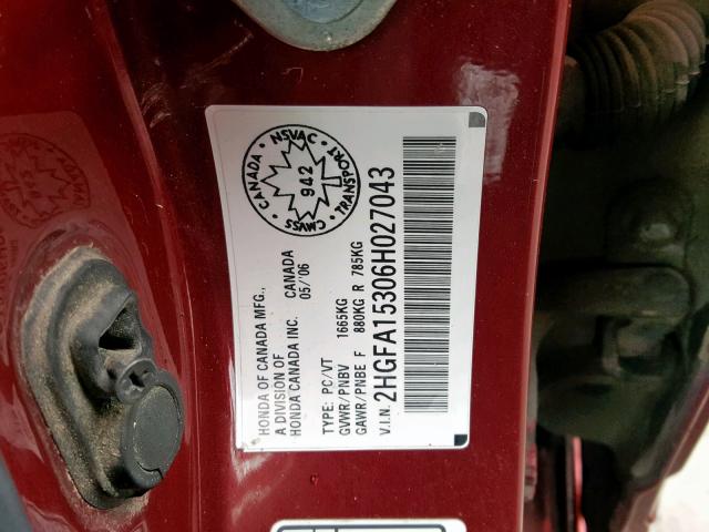 2HGFA15306H027043 - 2006 HONDA CIVIC DX RED photo 10