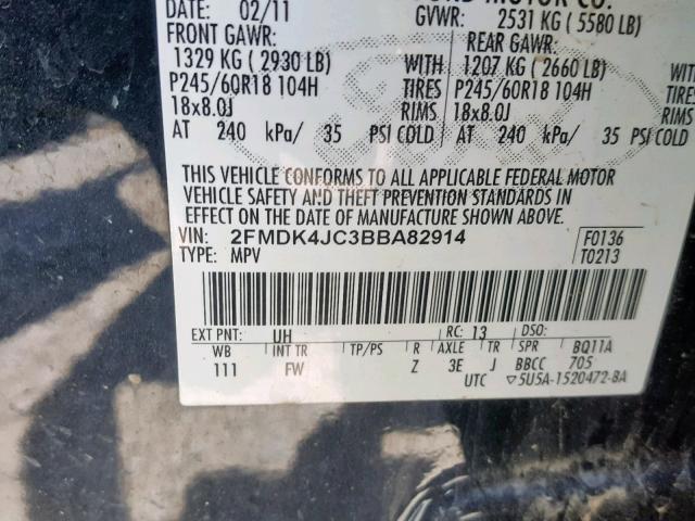 2FMDK4JC3BBA82914 - 2011 FORD EDGE SEL BLACK photo 10