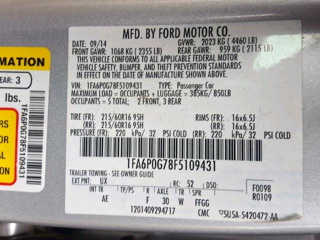 1FA6P0G78F5109431 - 2015 FORD FUSION S SILVER photo 10