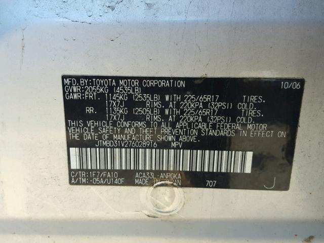 JTMBD31V276028916 - 2007 TOYOTA RAV4 LIMIT SILVER photo 10