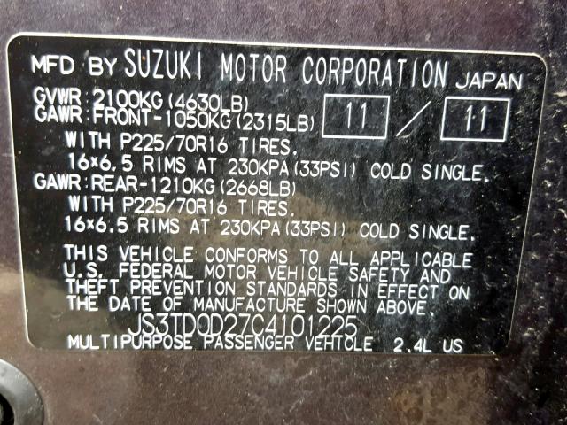 JS3TD0D27C4101225 - 2012 SUZUKI GRAND VITA GRAY photo 10