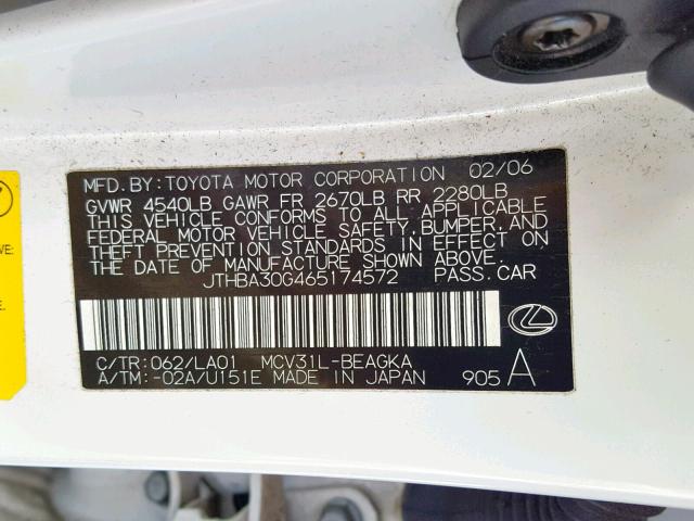 JTHBA30G465174572 - 2006 LEXUS ES 330 WHITE photo 10