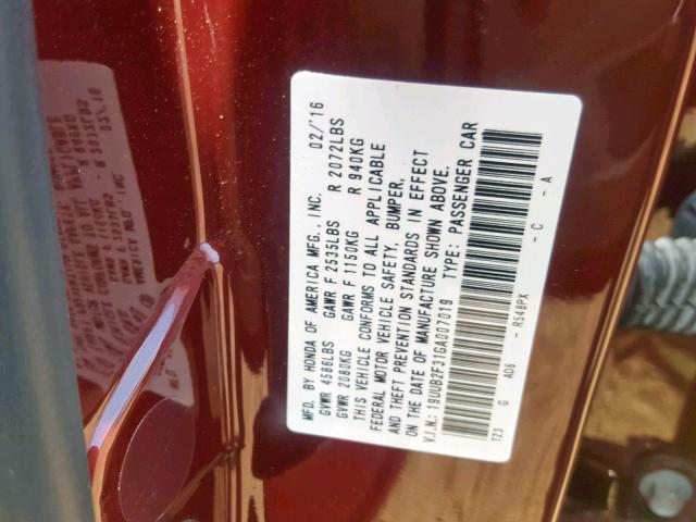 19UUB2F31GA007019 - 2016 ACURA TLX MAROON photo 10