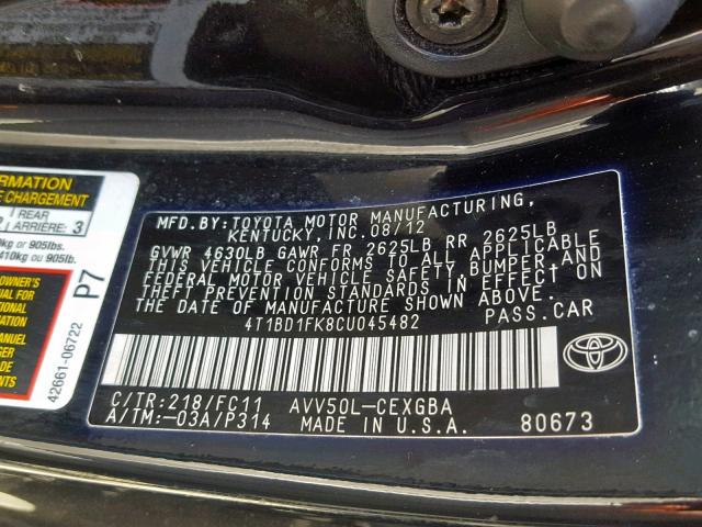 4T1BD1FK8CU045482 - 2012 TOYOTA CAMRY HYBR BLACK photo 10