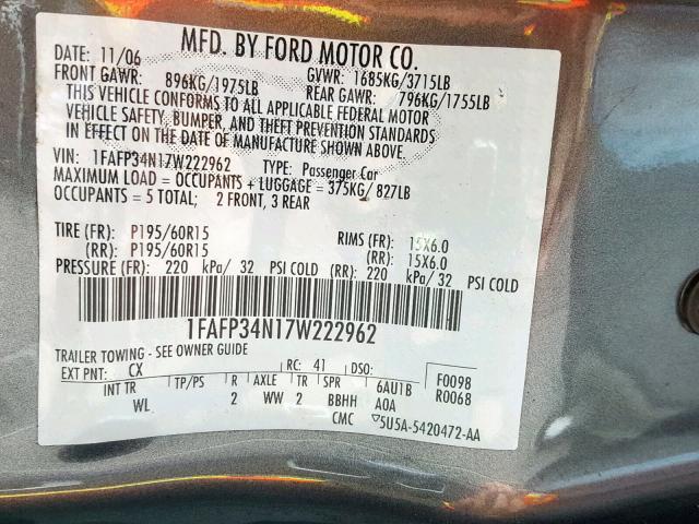 1FAFP34N17W222962 - 2007 FORD FOCUS ZX4 GRAY photo 10